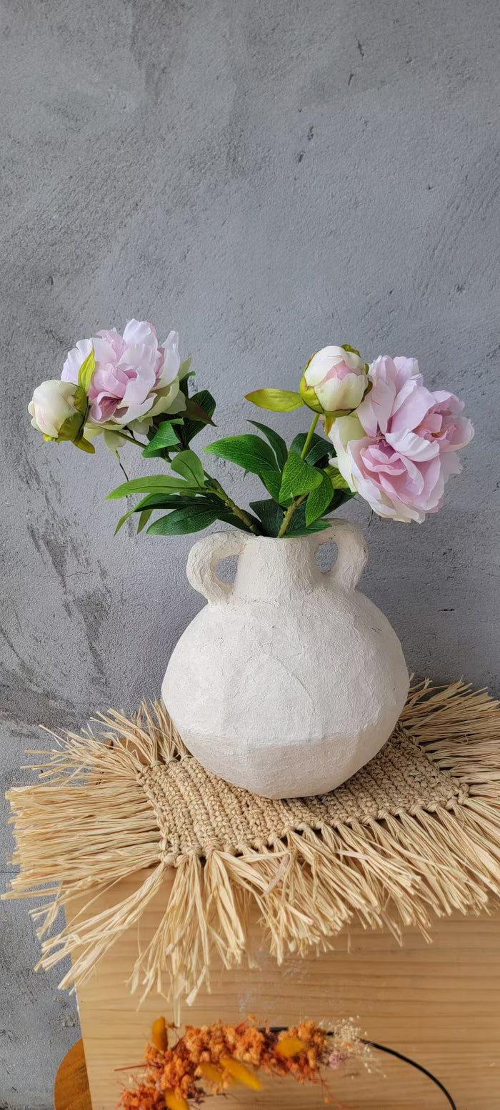 Waterproof Artisan Geometric Paper Mache Vase with Handles | Cream Textured Boho Vase for Dried Flowers | Rustic Centerpiece Decor