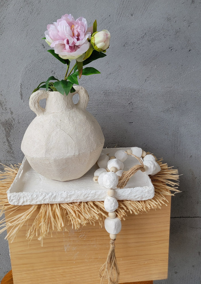 Waterproof Artisan Geometric Paper Mache Vase with Handles | Cream Textured Boho Vase for Dried Flowers | Rustic Centerpiece Decor