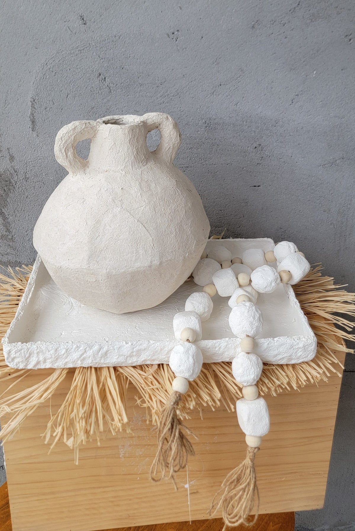 Waterproof Artisan Geometric Paper Mache Vase with Handles | Cream Textured Boho Vase for Dried Flowers | Rustic Centerpiece Decor