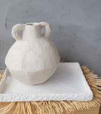Waterproof Artisan Geometric Paper Mache Vase with Handles | Cream Textured Boho Vase for Dried Flowers | Rustic Centerpiece Decor