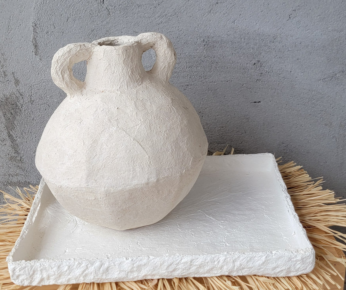 Waterproof Artisan Geometric Paper Mache Vase with Handles | Cream Textured Boho Vase for Dried Flowers | Rustic Centerpiece Decor