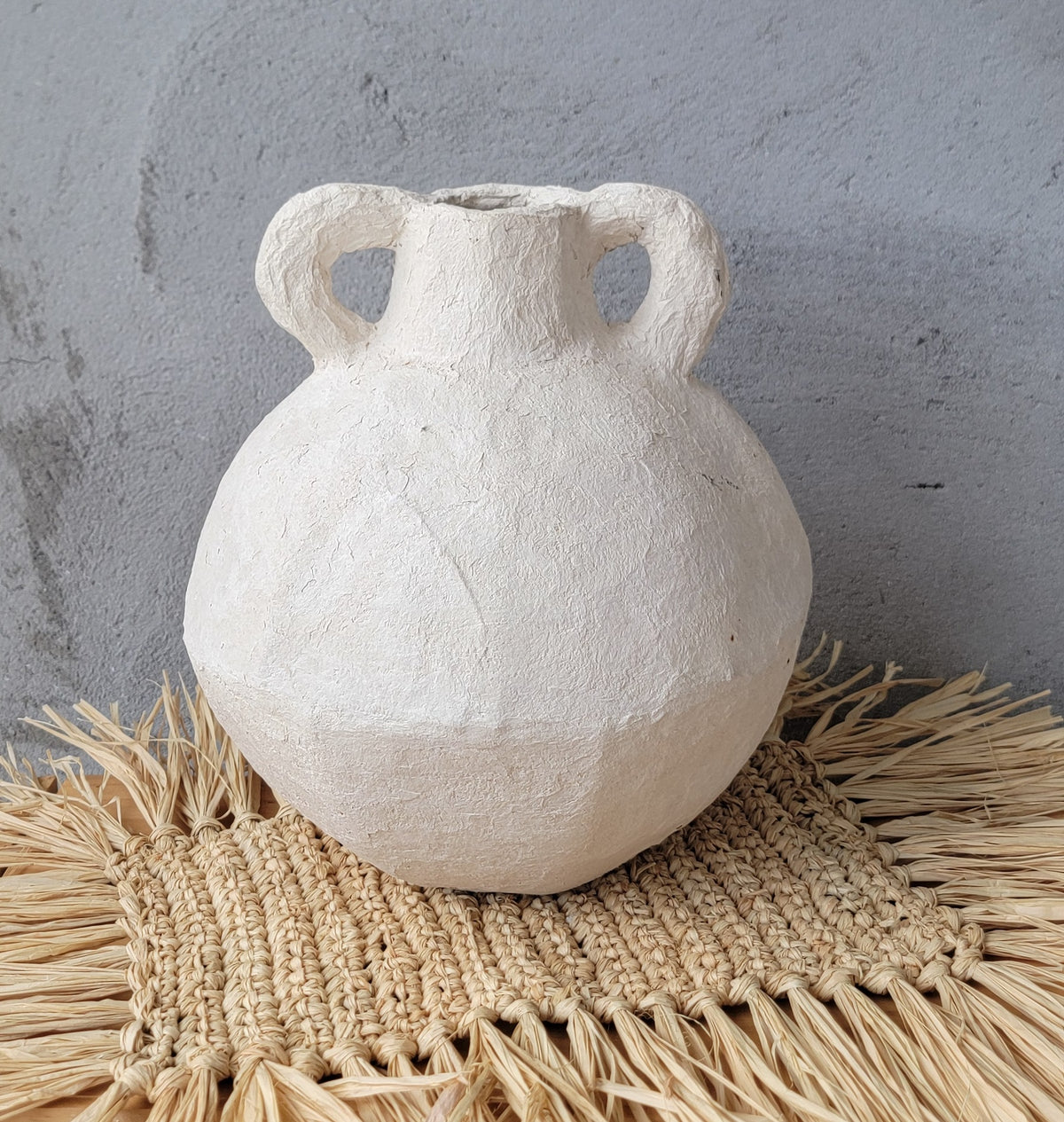 Waterproof Artisan Geometric Paper Mache Vase with Handles | Cream Textured Boho Vase for Dried Flowers | Rustic Centerpiece Decor