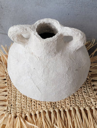 Waterproof Artisan Geometric Paper Mache Vase with Handles | Cream Textured Boho Vase for Dried Flowers | Rustic Centerpiece Decor