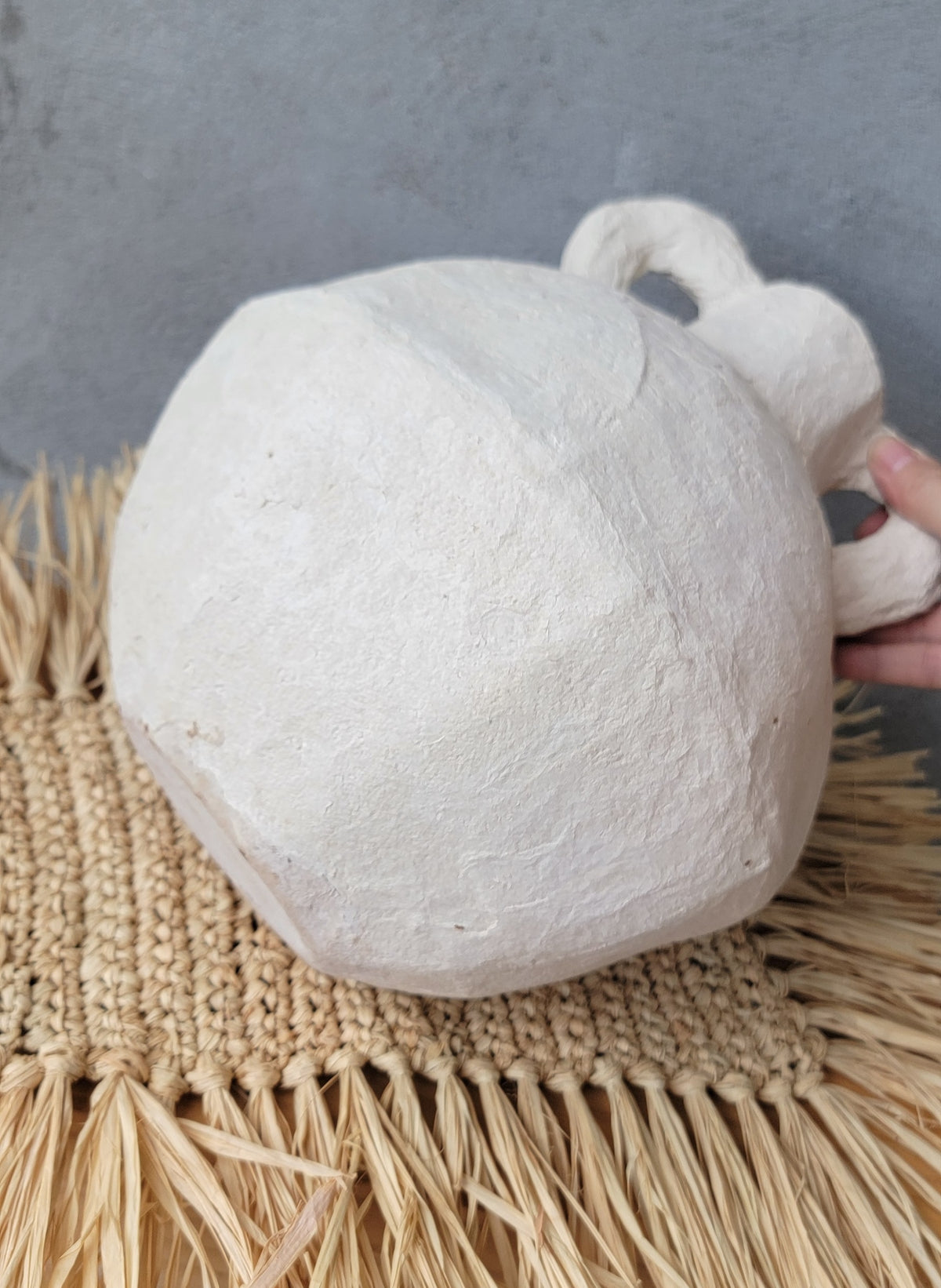 Waterproof Artisan Geometric Paper Mache Vase with Handles | Cream Textured Boho Vase for Dried Flowers | Rustic Centerpiece Decor