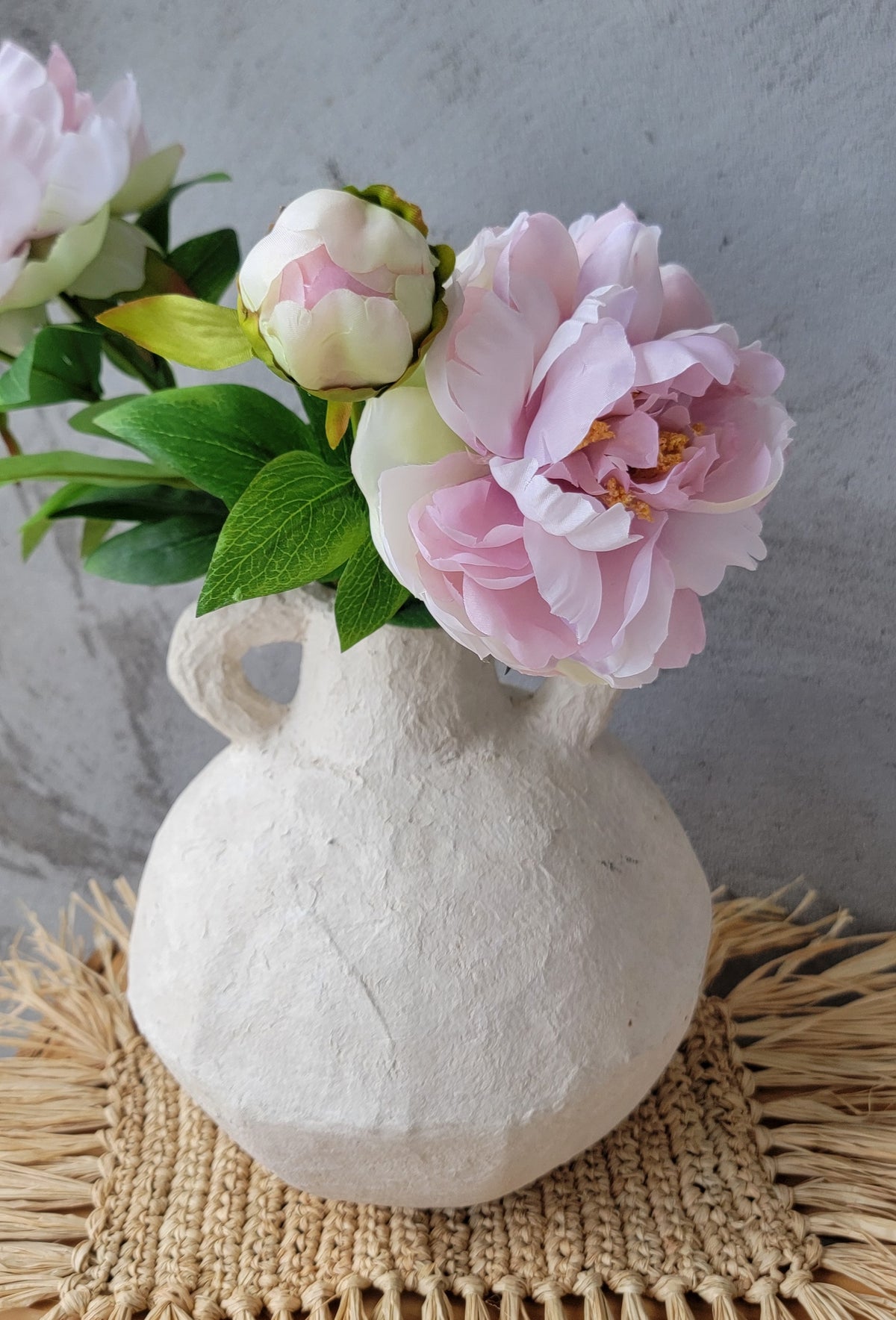 Waterproof Artisan Geometric Paper Mache Vase with Handles | Cream Textured Boho Vase for Dried Flowers | Rustic Centerpiece Decor
