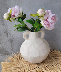 Waterproof Artisan Geometric Paper Mache Vase with Handles | Cream Textured Boho Vase for Dried Flowers | Rustic Centerpiece Decor
