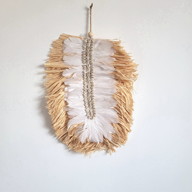 RAFFIA DECORATIONS, wall decoration, FEATHER LEAF SHAPE, JUJU HAT BOHO STYLE