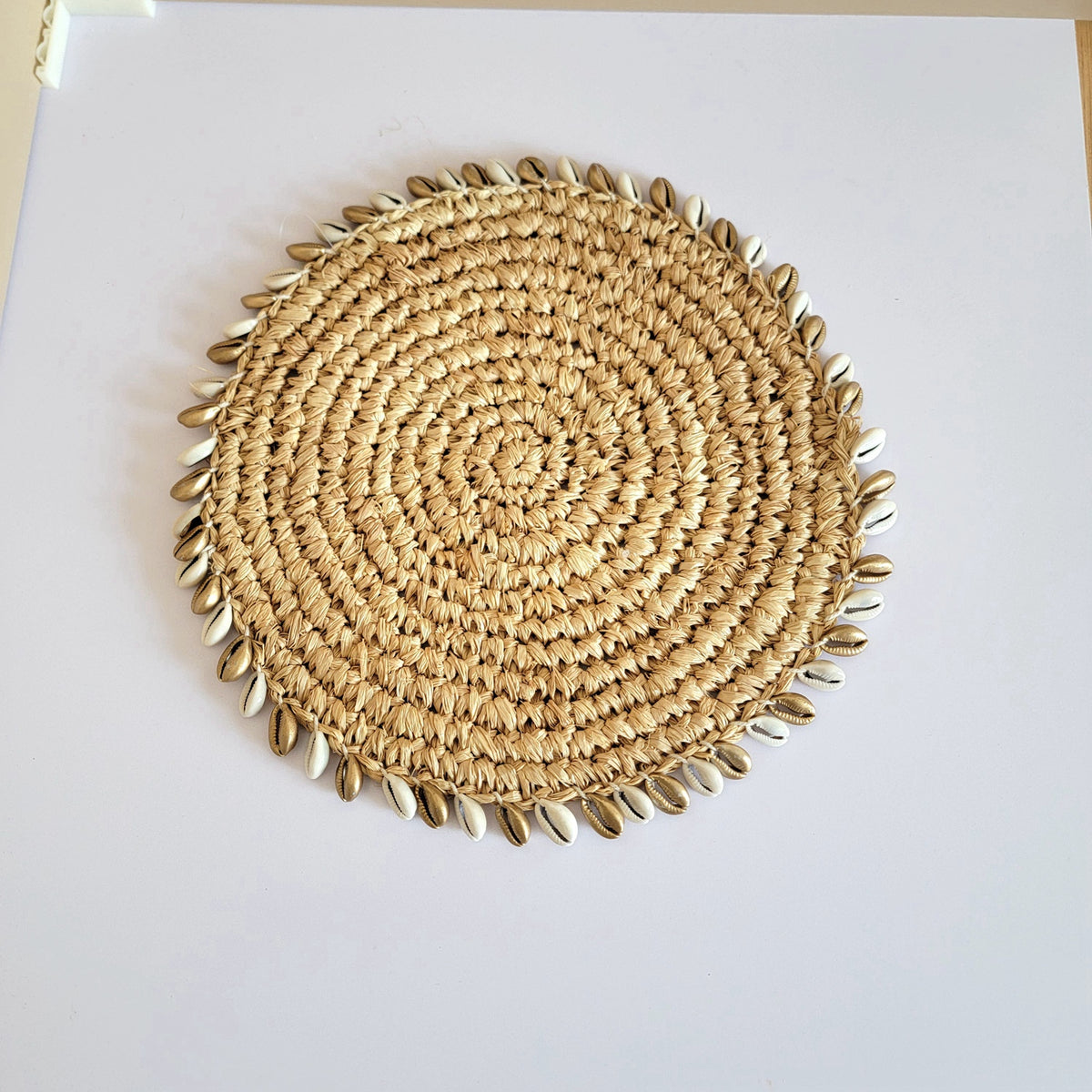 RAFFIA placemat- RAFFIA DECORATIONS- CROCHET COASTER-with golden & natural colour of shells