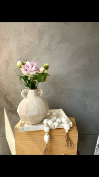 Artisan Geometric Paper Mache Vase with Handles | Cream Textured Boho Vase for Dried Flowers | Rustic Centerpiece Decor