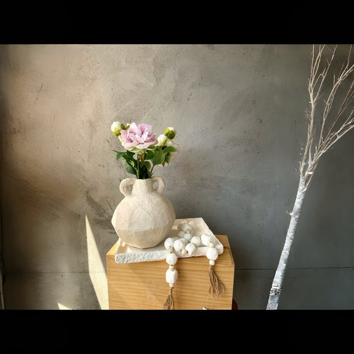 Waterproof Artisan Geometric Paper Mache Vase with Handles | Cream Textured Boho Vase for Dried Flowers | Rustic Centerpiece Decor
