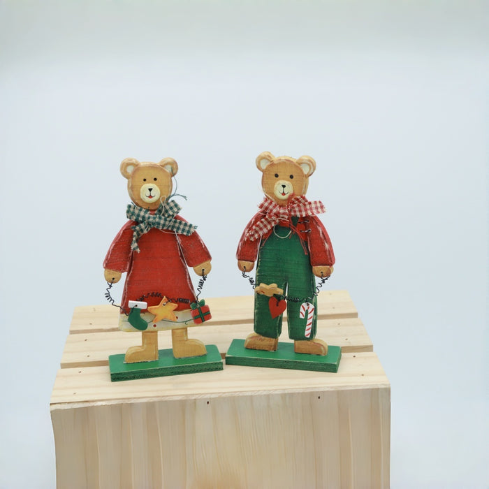 Set of 2 Vintage Wooden Christmas Bear Figurines - Festive Holiday Decor with Star & Tree Accents