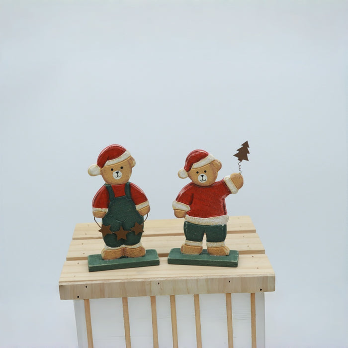 Set of 2 Vintage Wooden Christmas Bear Figurines - Festive Holiday Decor with Star & Tree Accents